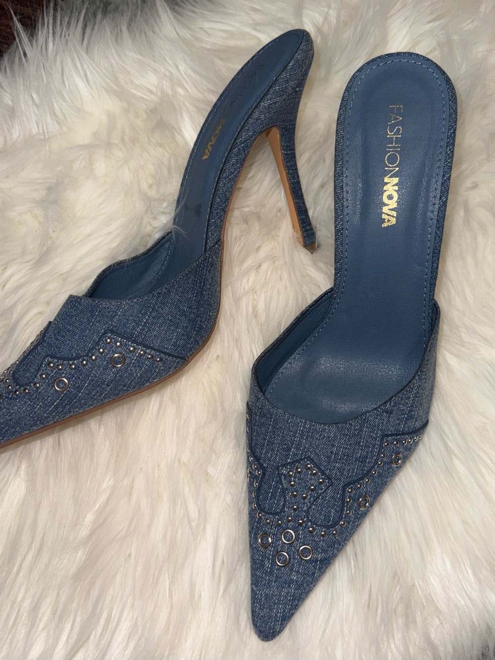 Fashion Nova Denim Pointed Toe Stud Mule Heels - Blue